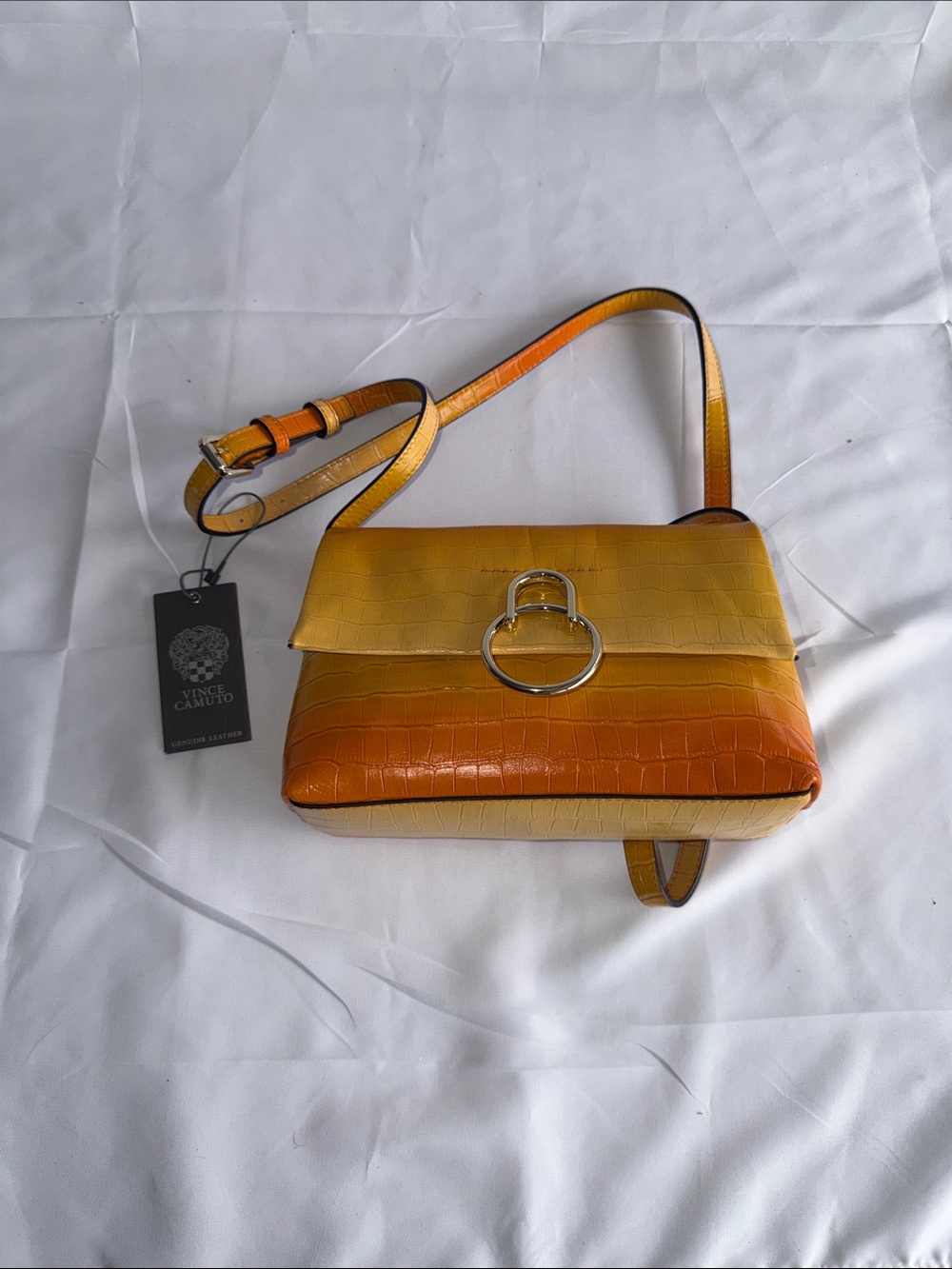 Vince Camuto Yellow to Orange Ombre Croc-Texture Crossbody with Silver Ring